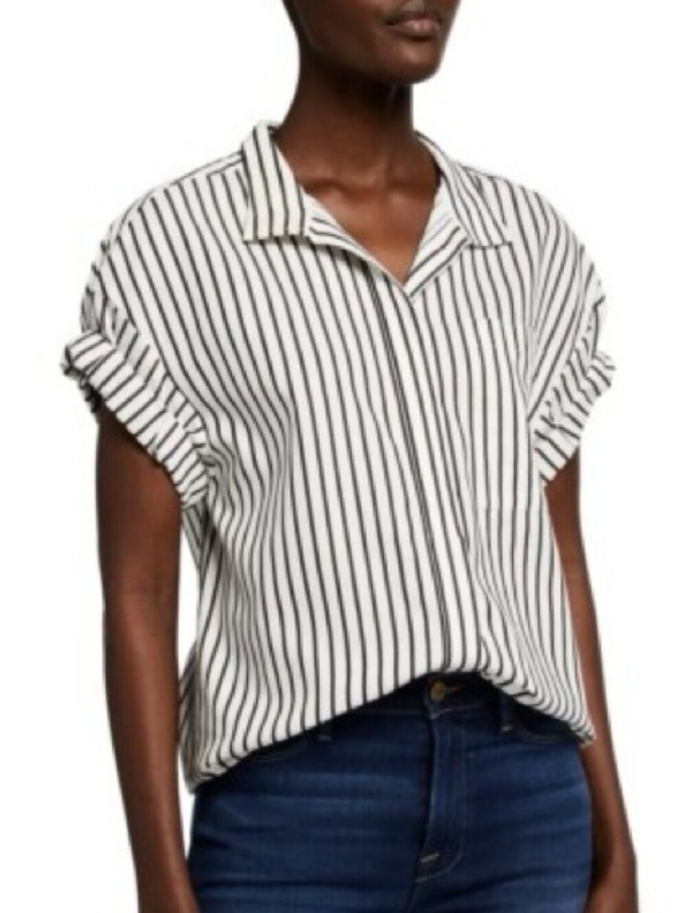 Frame Black White Striped 100% Silk Short Sleeve Button Up Shirt Women's XS